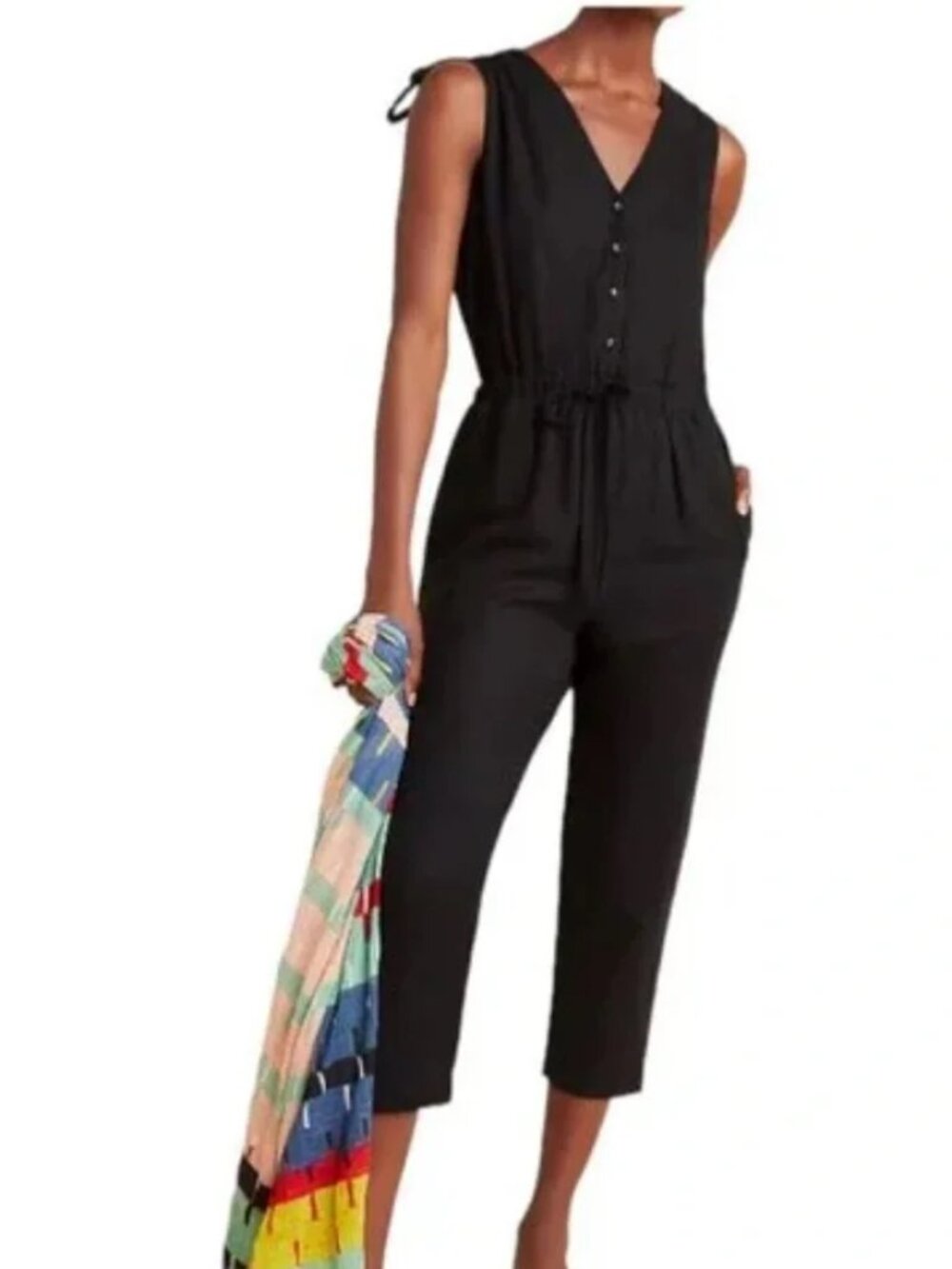 Sunday in Brooklyn Anthropologie Black Linen Blend Cropped Jumpsuit XS Coastal